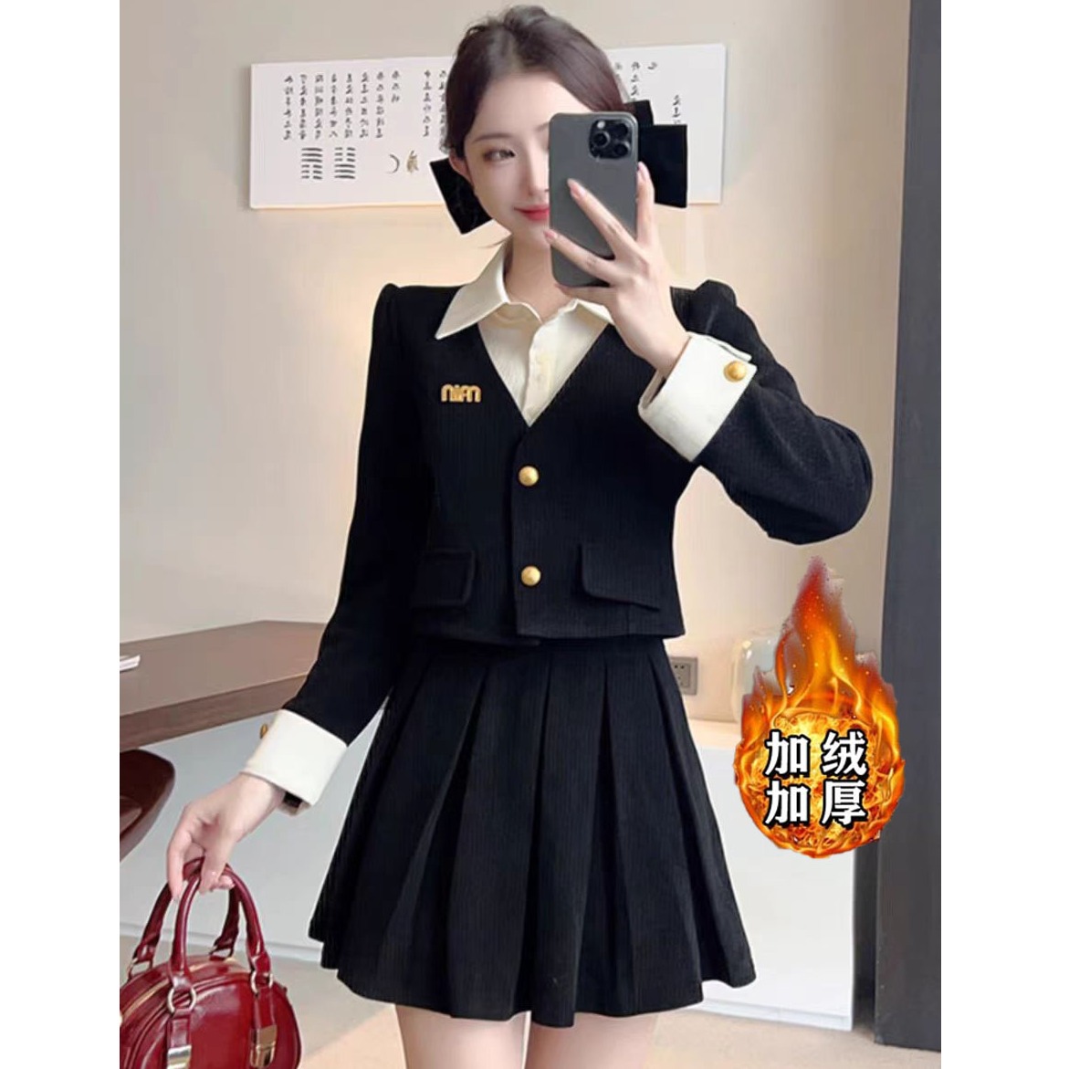 韩系高级感穿搭减龄学院风套装气质通勤上衣短裙子两件套裙装1691