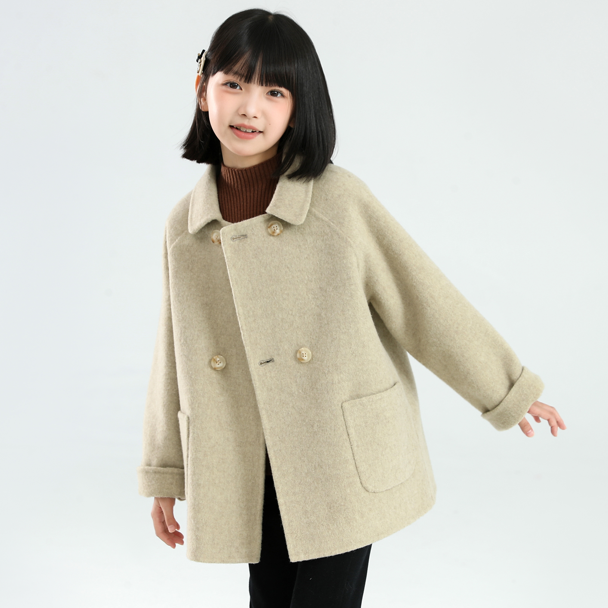 【70毛高定款】象小爸女童25秋冬新款双面呢短大衣小女孩短款毛呢