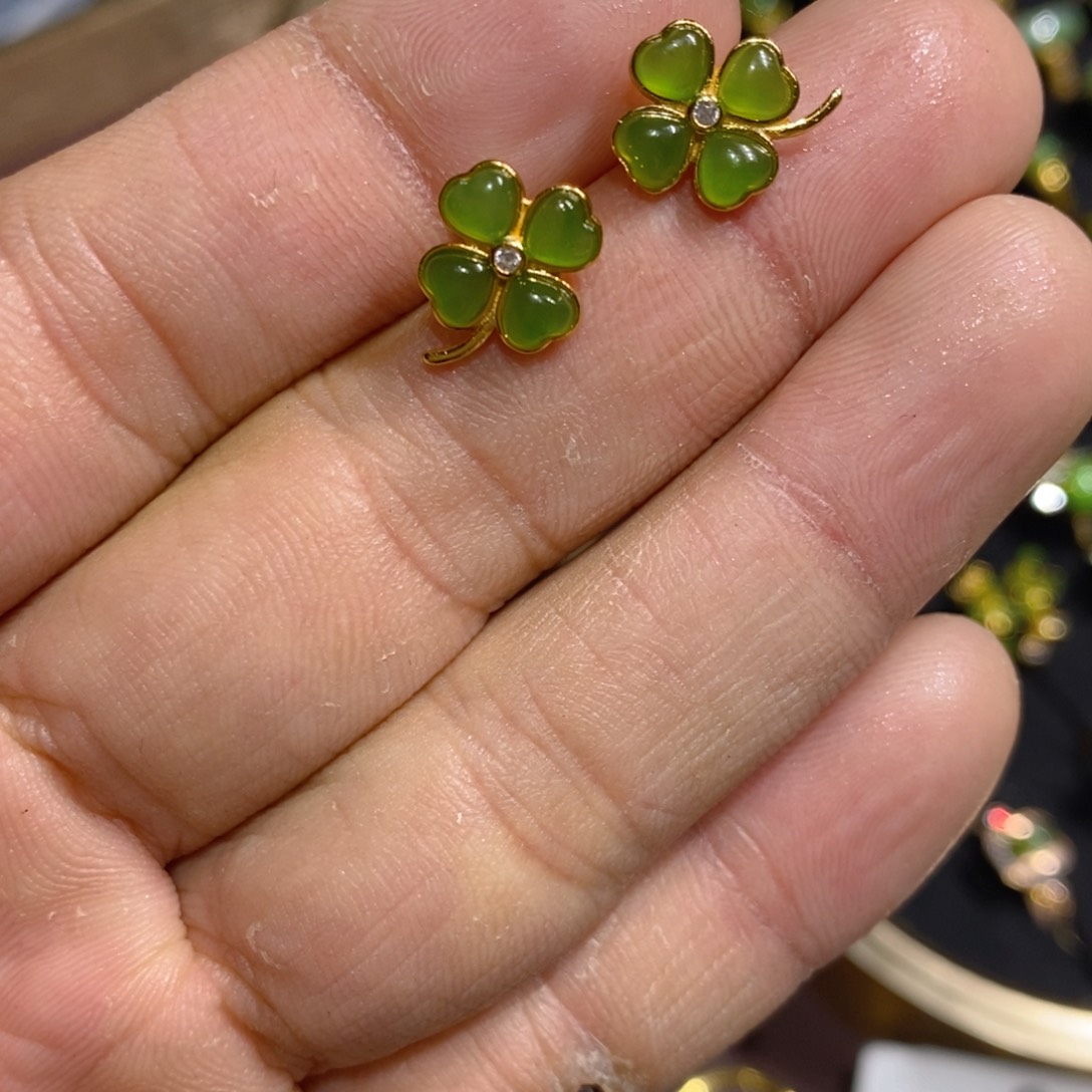 和田玉（碧玉）耳饰银S925镀金镶嵌