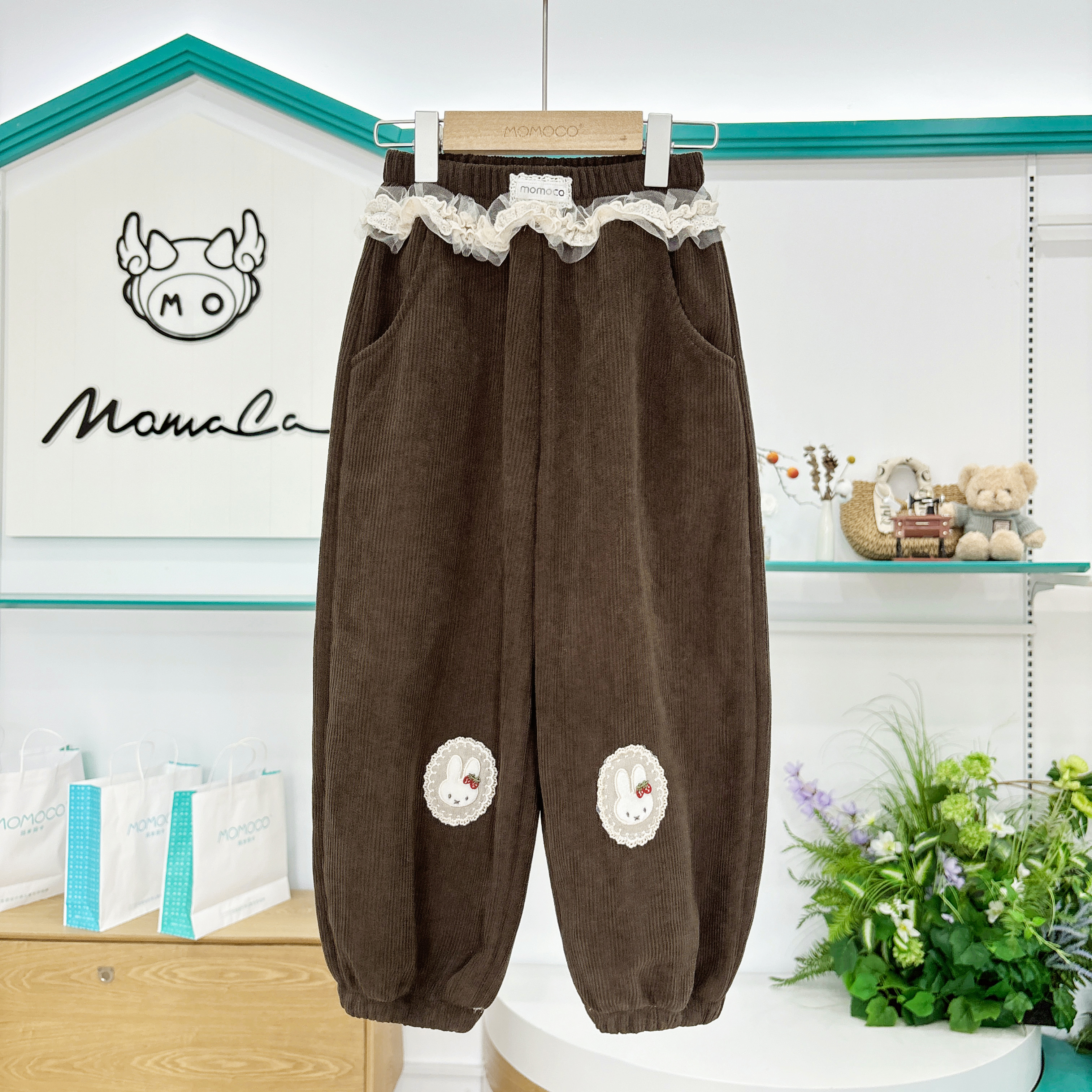 MOMOCO女童冬季百搭甜美蝴蝶结花边加绒束脚卫裤77830372001