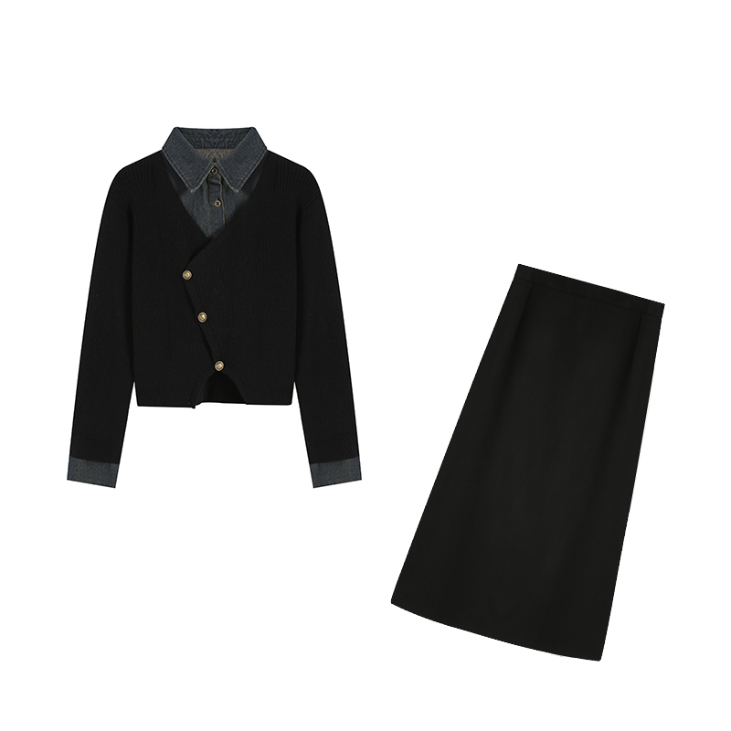 麦麦-黑色上衣裙子ZL99979+黑色/咖色长半裙套装ZL38595