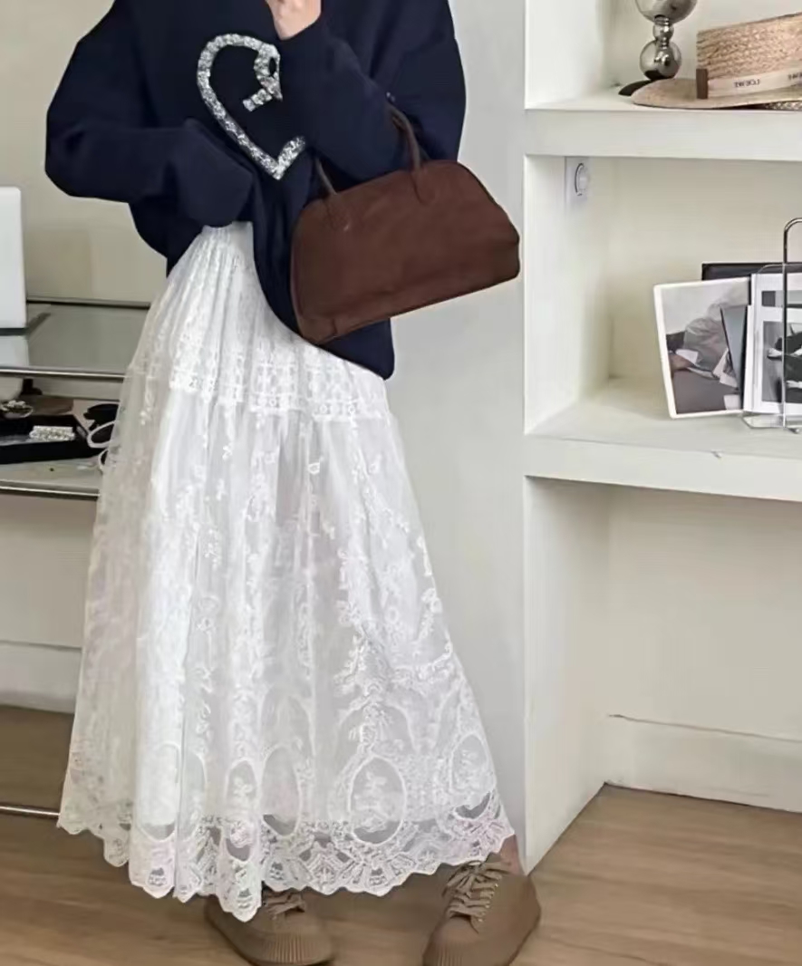 （W0175）设计感拼接蕾丝裙韩系慵懒风中长款半身裙高腰显瘦女