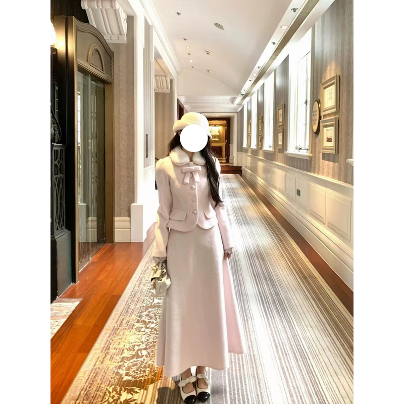 【运费险】粉色毛呢外套高腰半身裙套装女秋法式气质千金风三件套