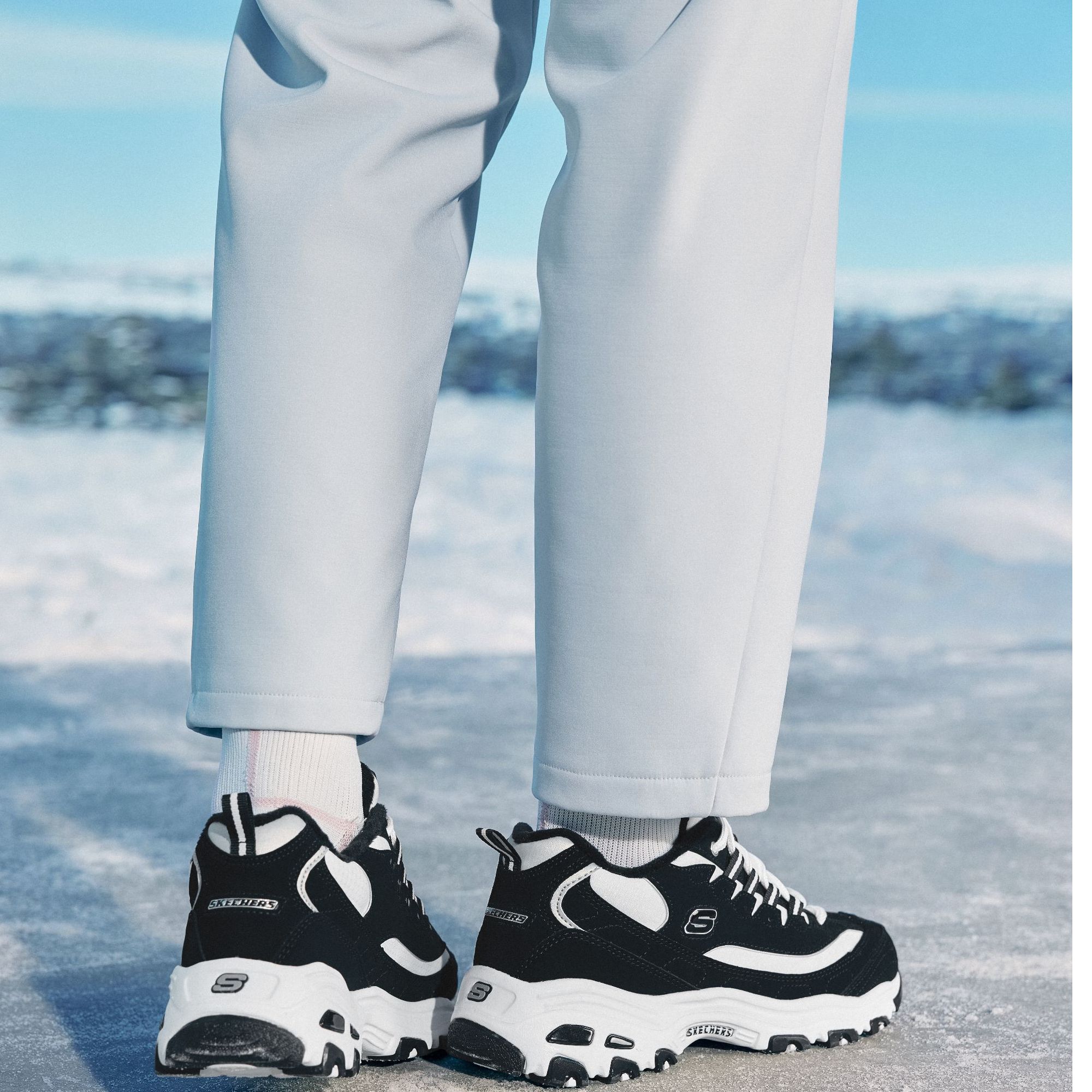 SKECHERS/斯凯奇秋冬低帮加绒复古情侣运动黑白增高厚底老爹鞋