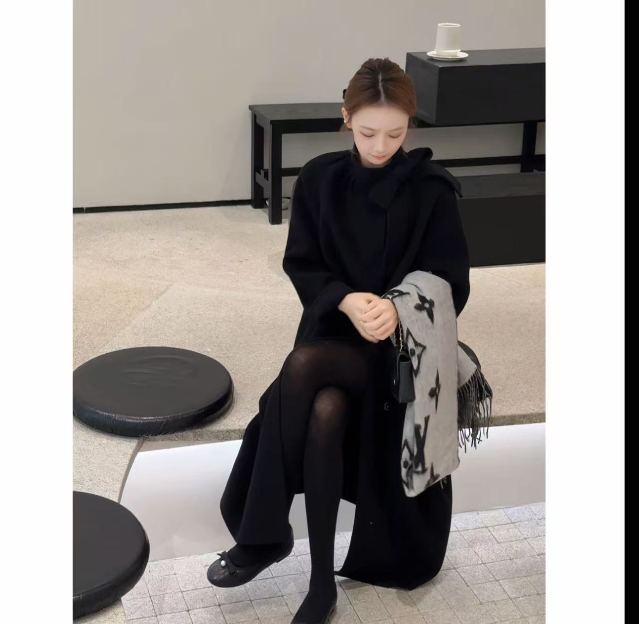 Madofit麻豆/2036 100全羊毛黑色蝴蝶结双面呢手工大衣