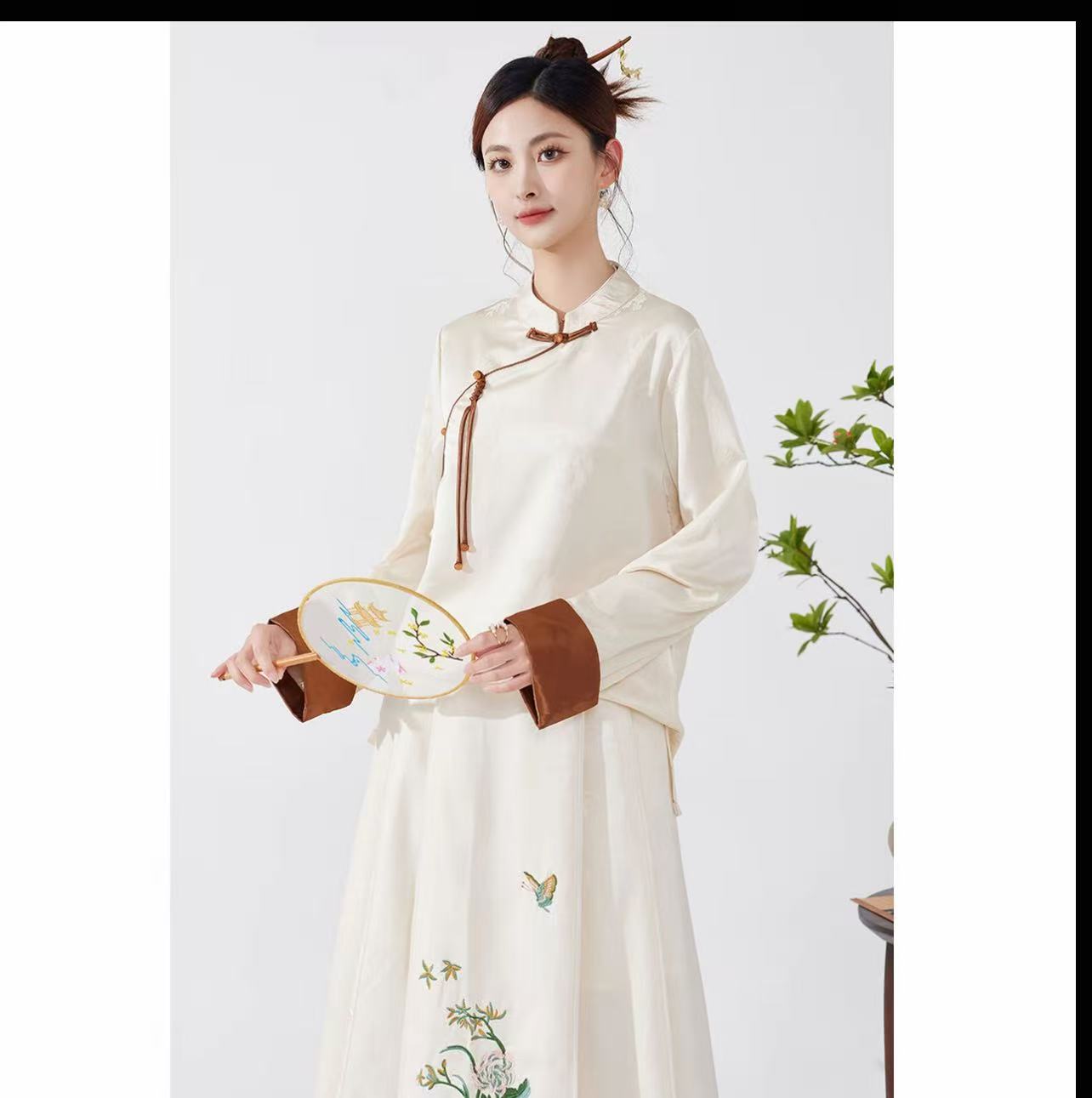 新中式拼接斜襟夏季复古长袖上衣白色明制女装禅服古装绣花立领