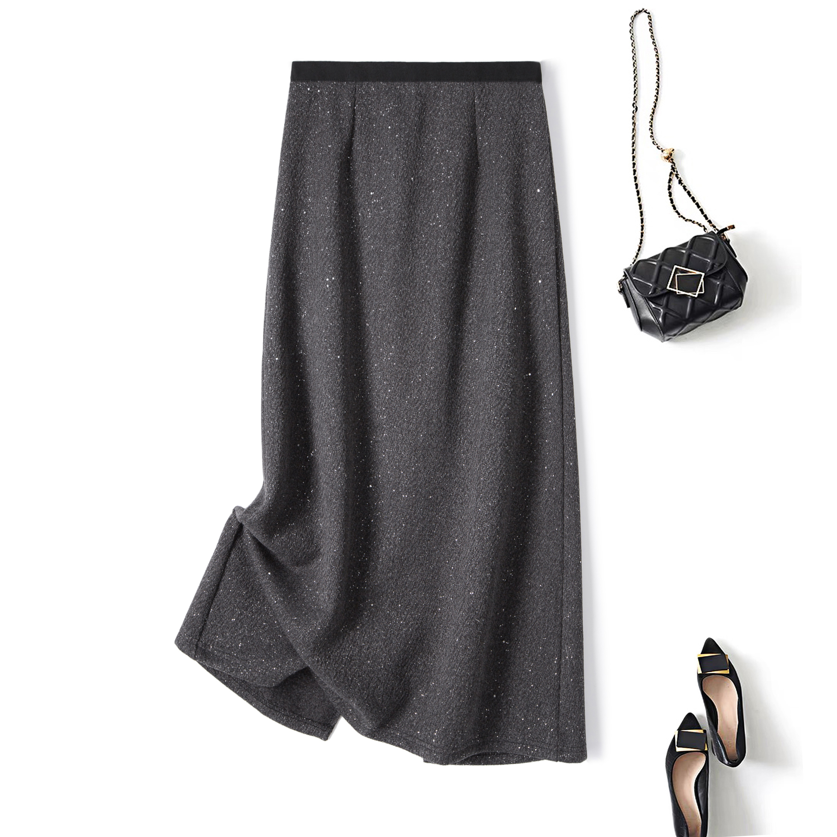 奥·邦奴 大码秋冬设计感亮片毛呢半身裙胖mm高腰显瘦包臀a字裙