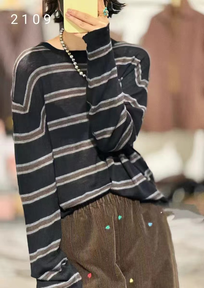 羊毛条纹针织衫女2025新款秋装薄款上衣宽松长袖内搭打底衫