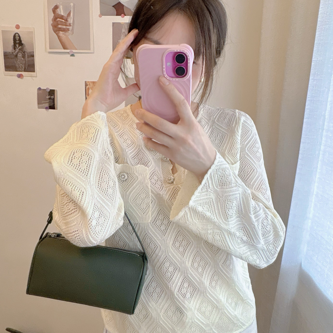 锦忆Hikikiki气质圆领长袖毛针织衫白色镂空薄款女