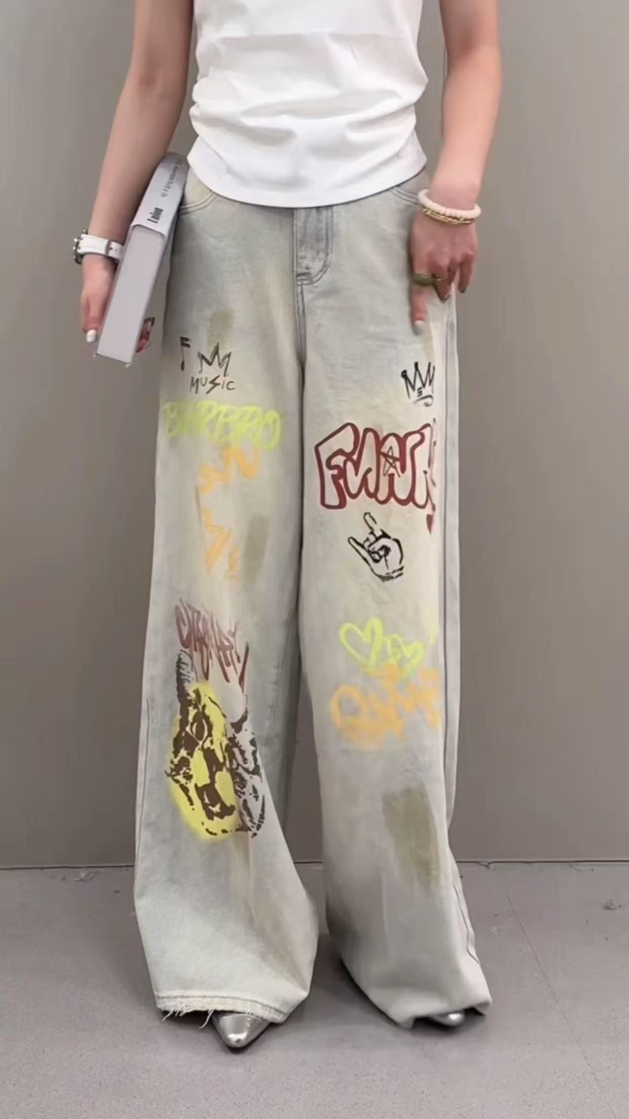 （东）2025新款夏季牛仔裤女款涂鸦阔腿长裤