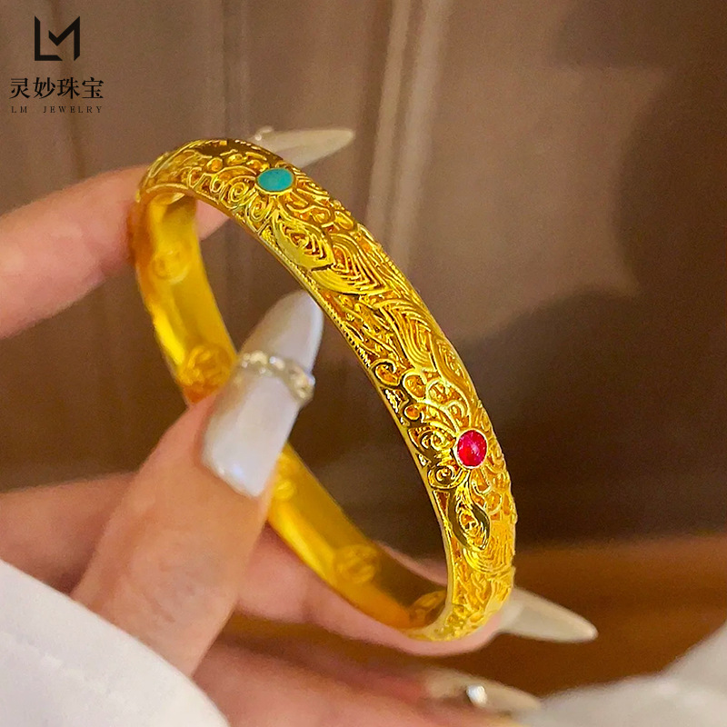 铜合金珐琅手镯 民族风新中式花丝银镯龙凤呈祥镯子金色素款复古