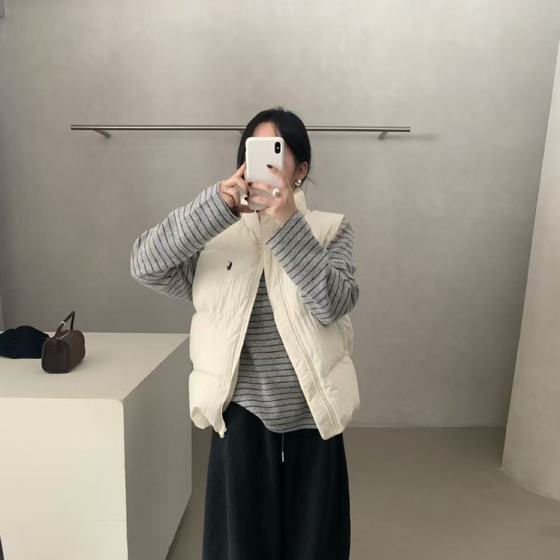 HXL@63257 韩系简约百搭立领刺绣棉马甲（不含领子衣长60左右）