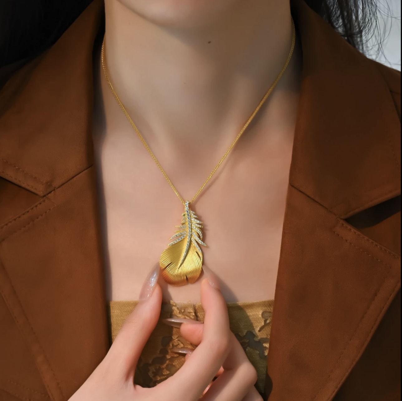 坠链均足银 【点钻拉丝羽毛】高档时尚百搭项链锁骨链金色轻奢吊坠