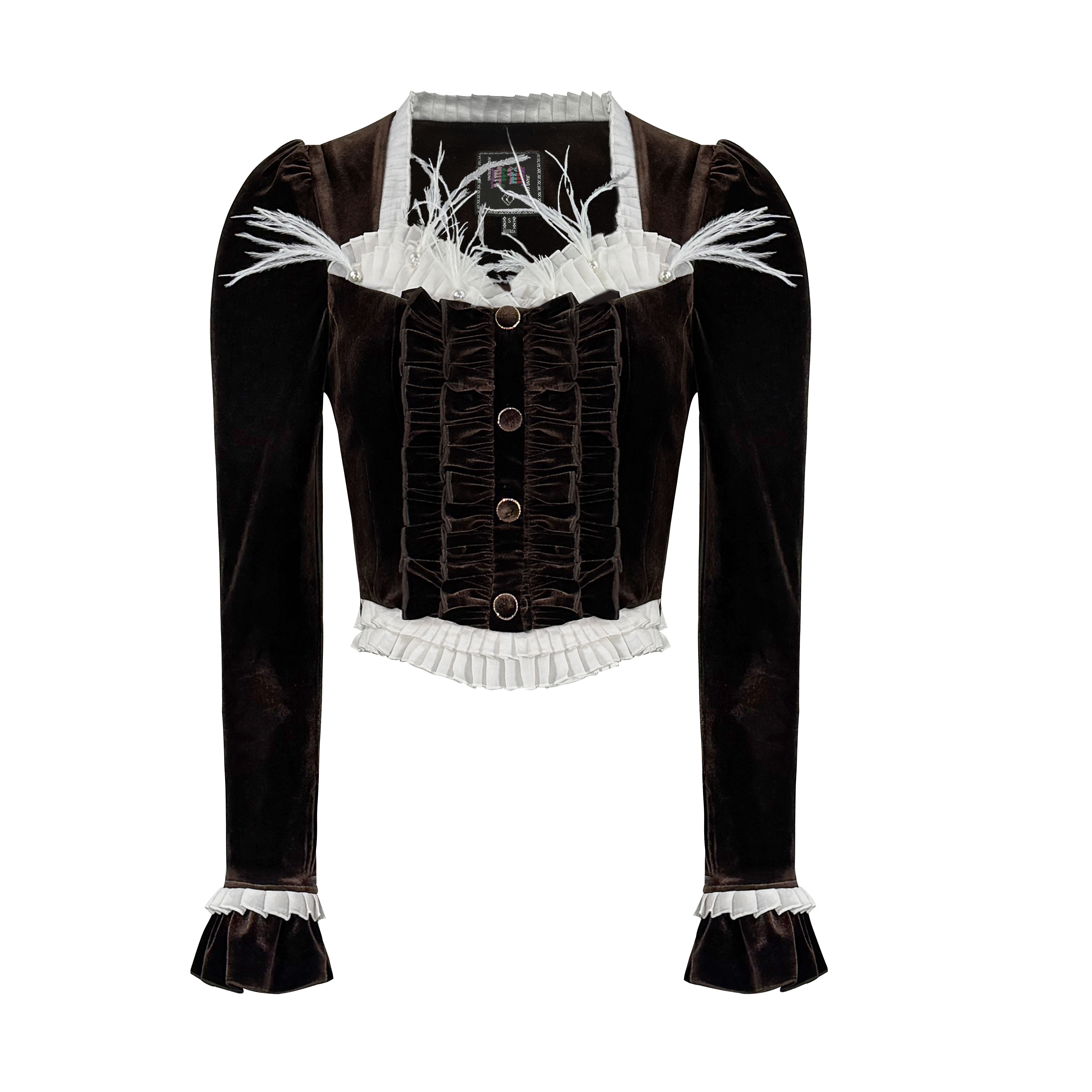 姜穹珍珠羽毛蕾丝花边碎褶宫廷风丝绒上衣 15420476A