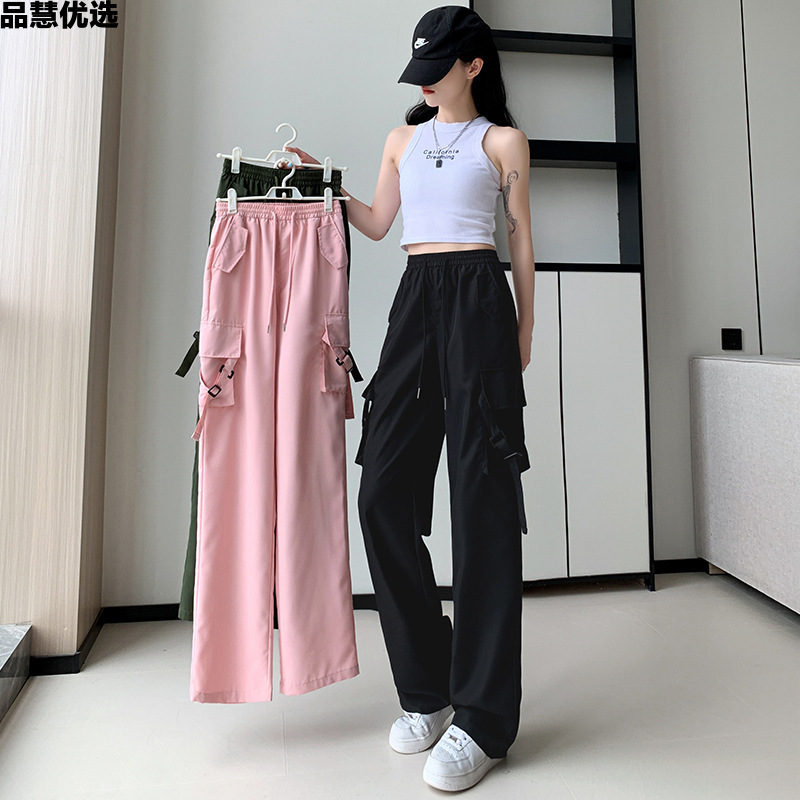 工装裤女夏季新款垂感阔腿裤显瘦复古欧美复古运动抽绳高腰休闲裤