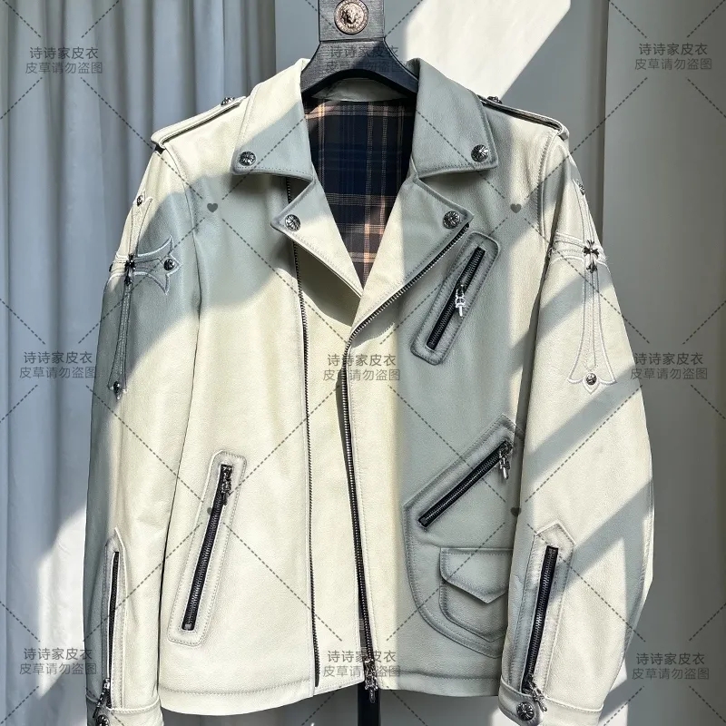  白色克罗牛皮机车 男士真皮皮男士真皮皮衣牛皮机车时尚百搭外套
