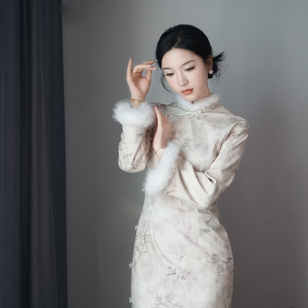 少女冬款复古加绒长袖日常显瘦气质修身港风旗袍中长款中国风加绒