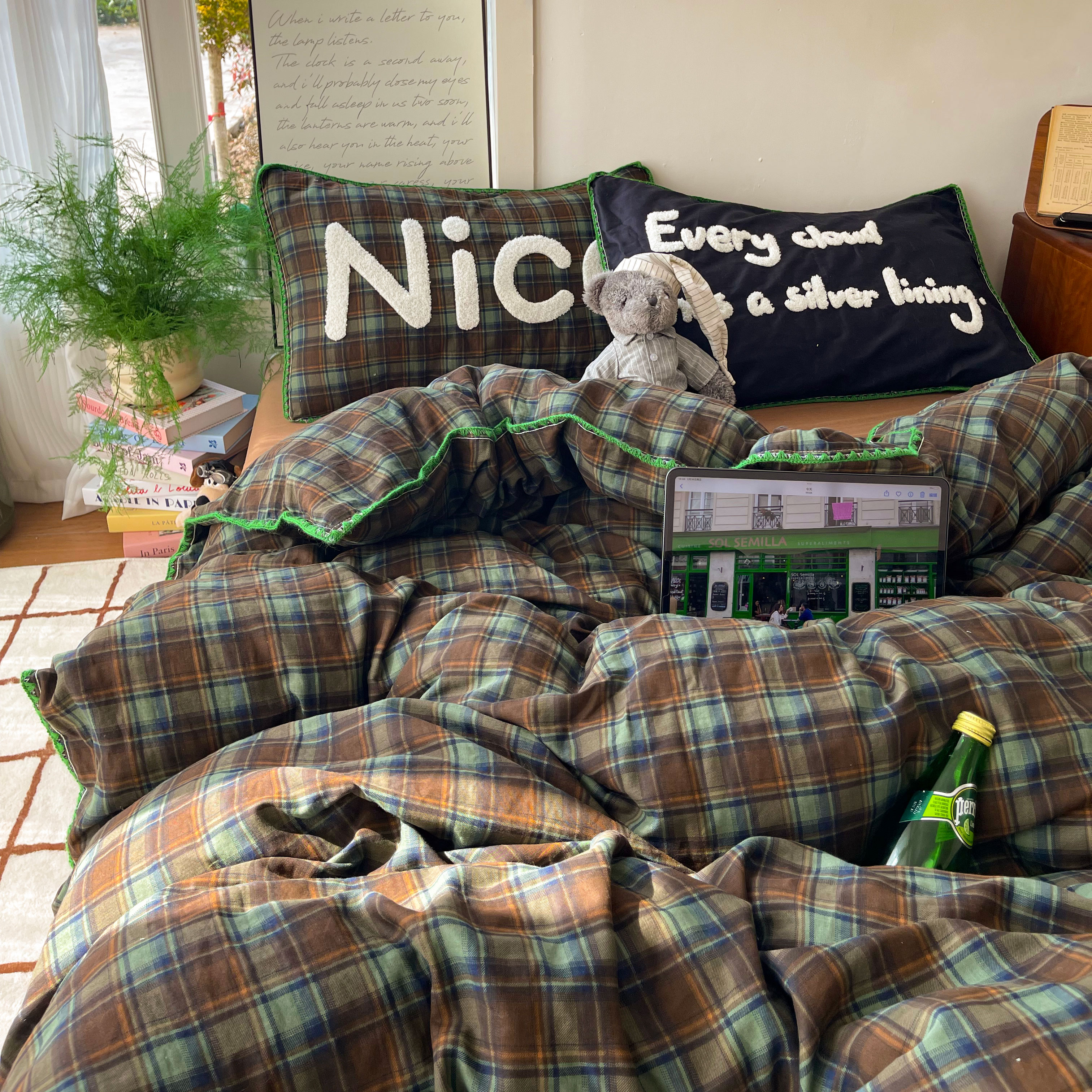 ins复古格纹全棉双层纱布四件套纯棉被套软糯款双人单人学生宿舍