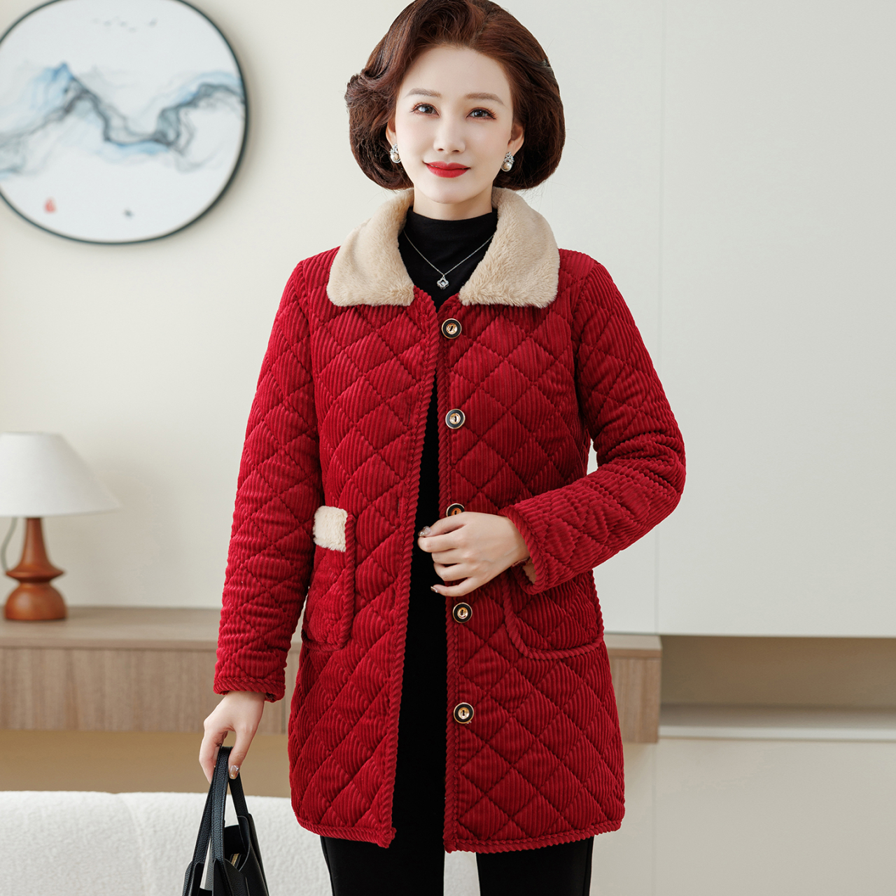 冬季加绒加棉妈妈装时尚保暖棉袄中老年胖妈妈中款棉服