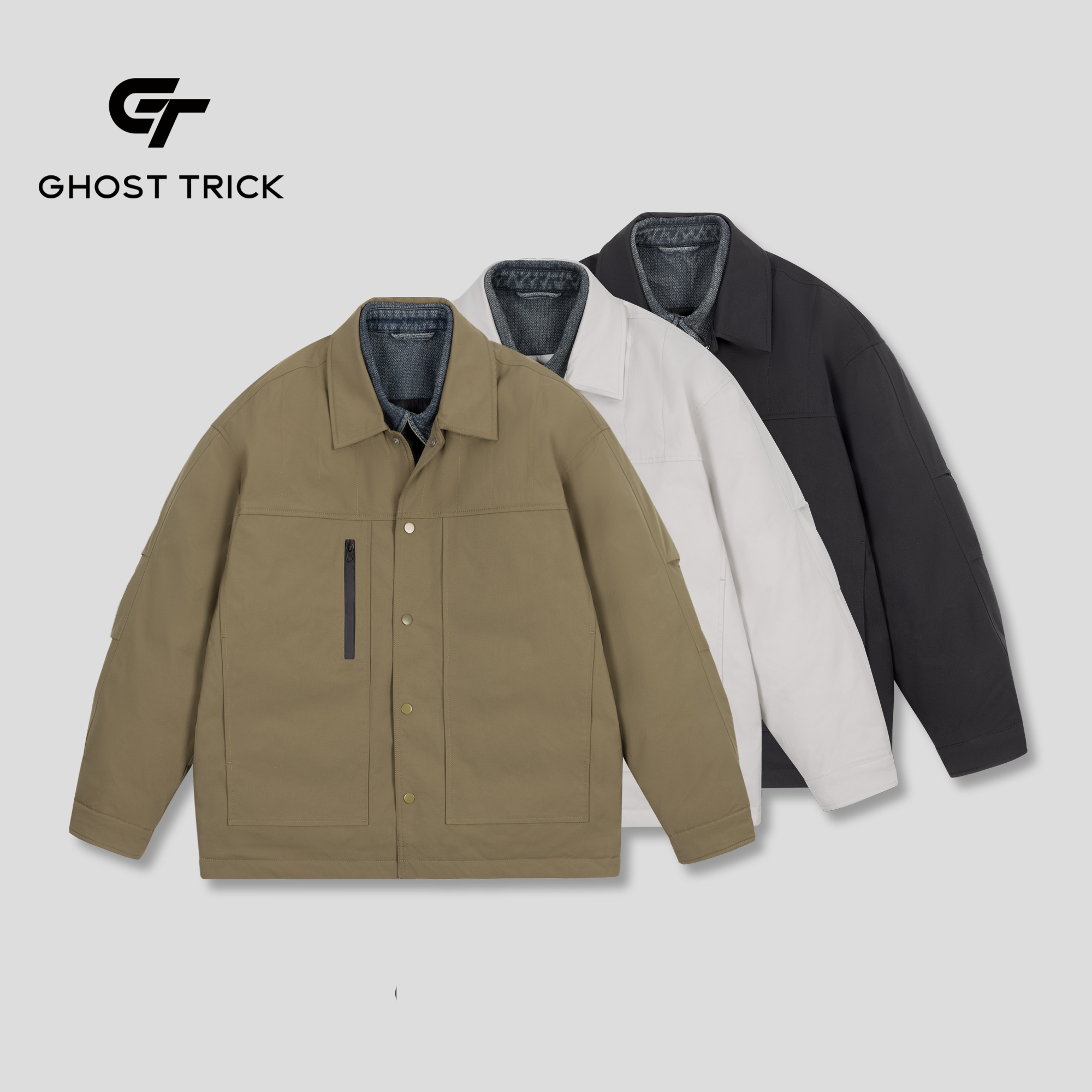 设计师假两件层次牛仔翻领拼接白鸭绒羽绒服男3280