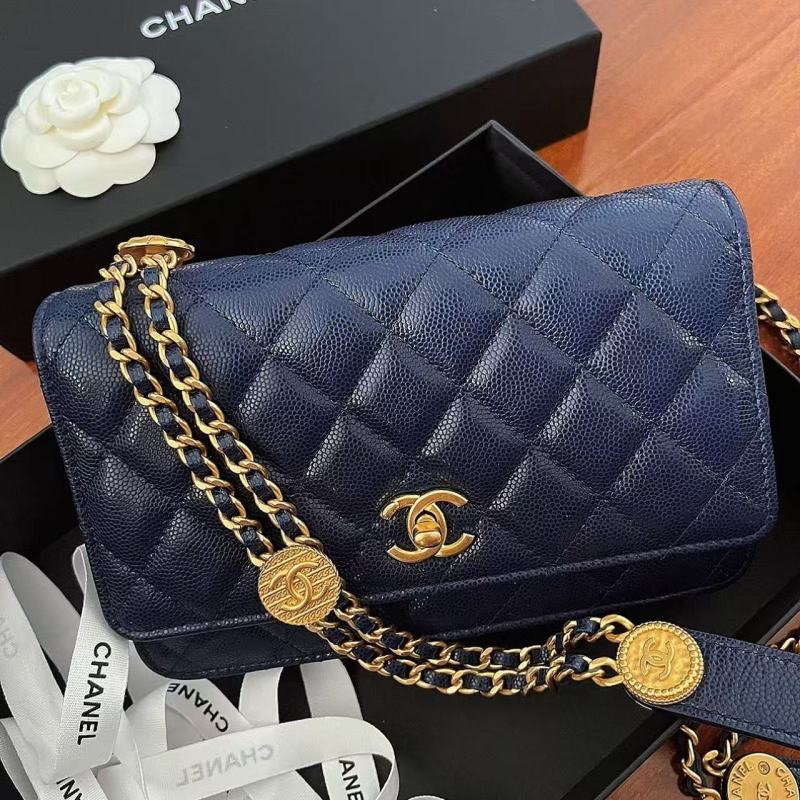 95新 Chanel/香奈儿 22A荔枝皮蓝金钱币链条woc包 底长19 芯片