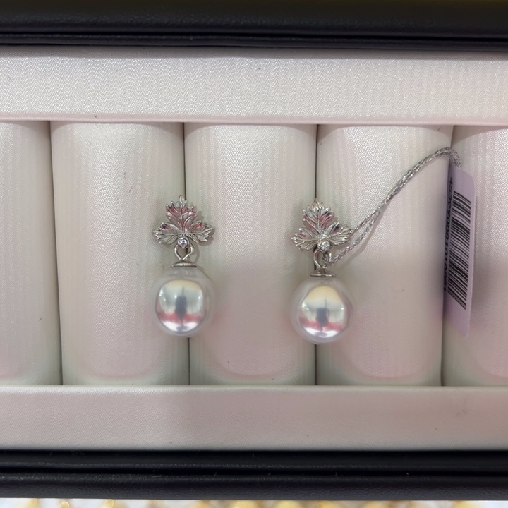 海水珍珠上新澳白枫叶耳坠10-11mm银S925镶嵌