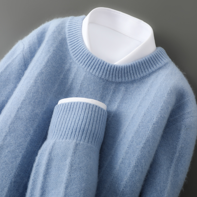 别出心裁！秋冬新款男士圆领条纹羊绒衫 高档加厚保暖针织衫毛衣