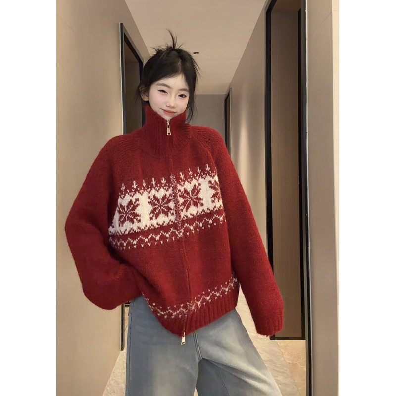 秋冬加厚毛衣开衫外套女费尔岛红色拉链毛衣宽松提花大版外套