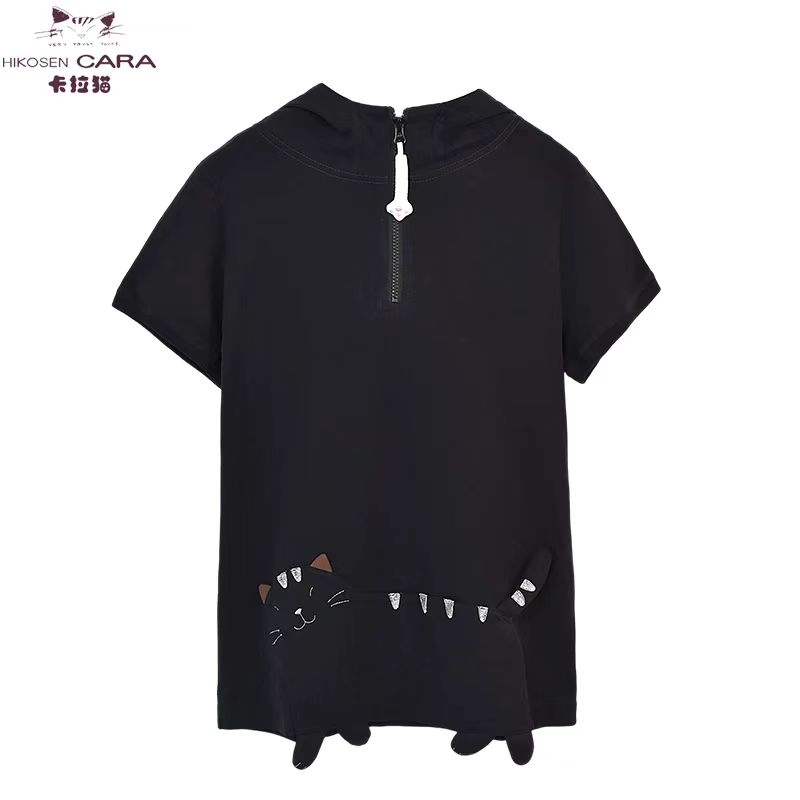 HIKOSEN CARA/卡拉猫猫耳朵帽款舒适可爱棉线修身款半袖衫