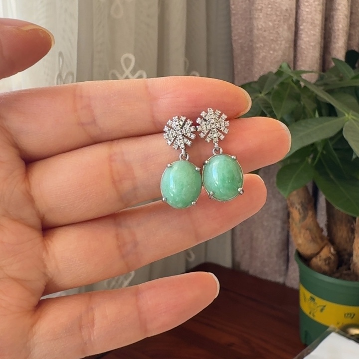 翡翠银S925镶嵌耳饰耳钉 大