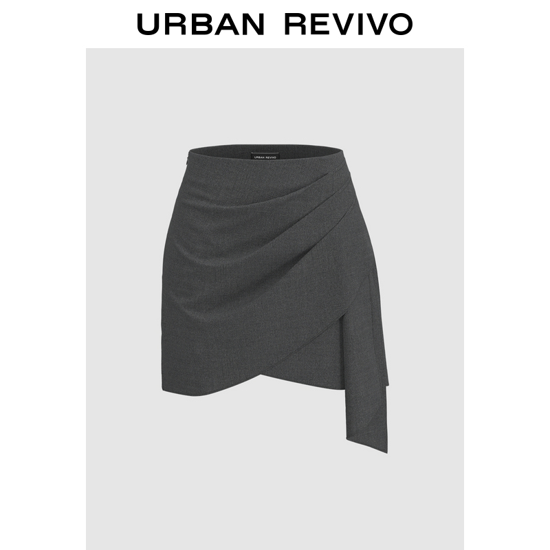 UR2025春季新款女装设计感褶皱不对称短款A字半裙UWJ550013