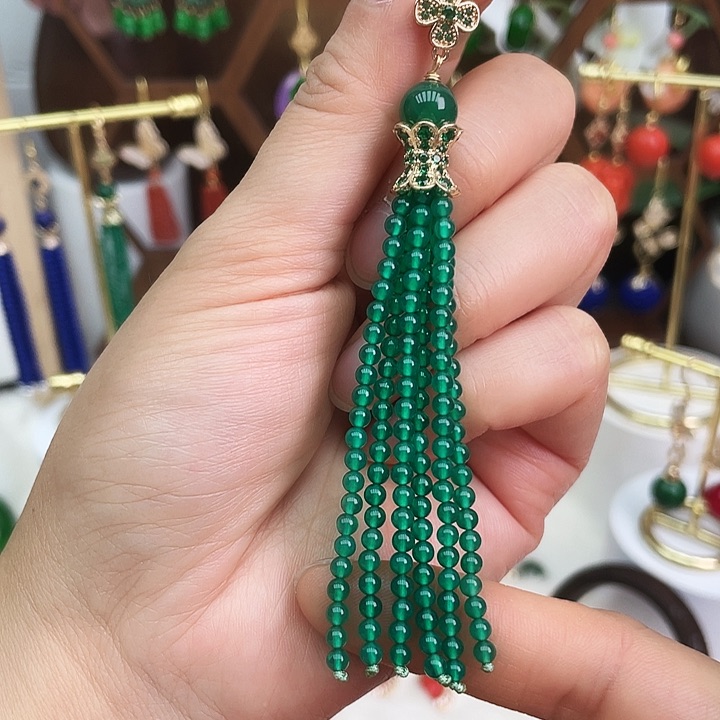 玛瑙/玉髓耳钉合金绿玉髓长流苏