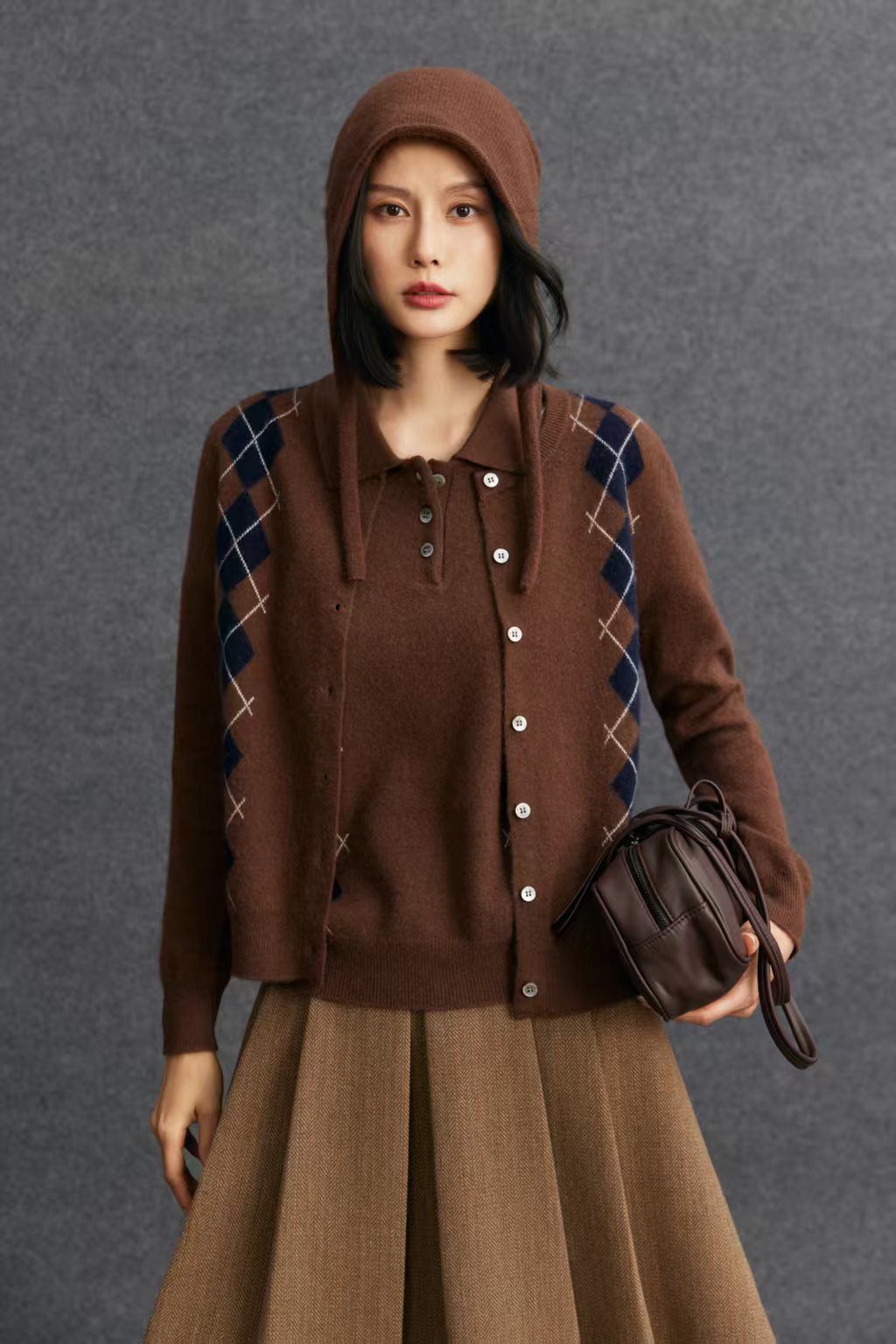 大牌同款 文艺浪漫 复古撞色菱形提花纯羊绒圆领针织开衫827