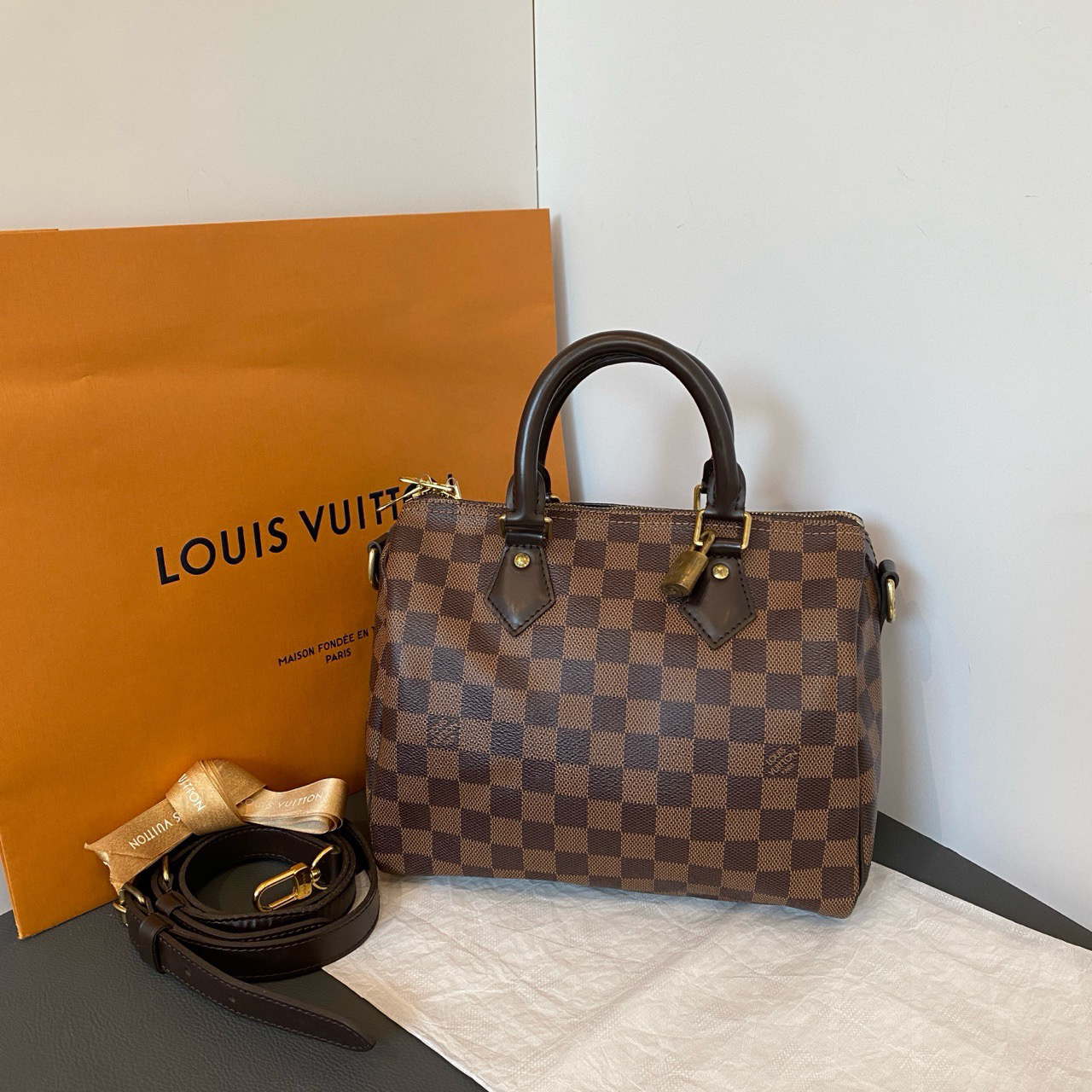95新 LouisVuitton/路易威登 speedy25棋盘格肩带款 带锁