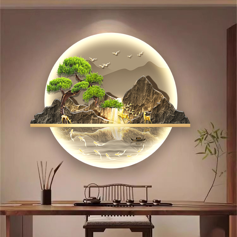 DK14中式美学圆形挂画公司办公室古风装饰画异形雕刻高档装饰画