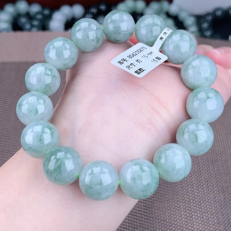 正品缅甸天然A货15m冰飘花男士款珠子翡翠手串绿色幽灵素圈玉手串