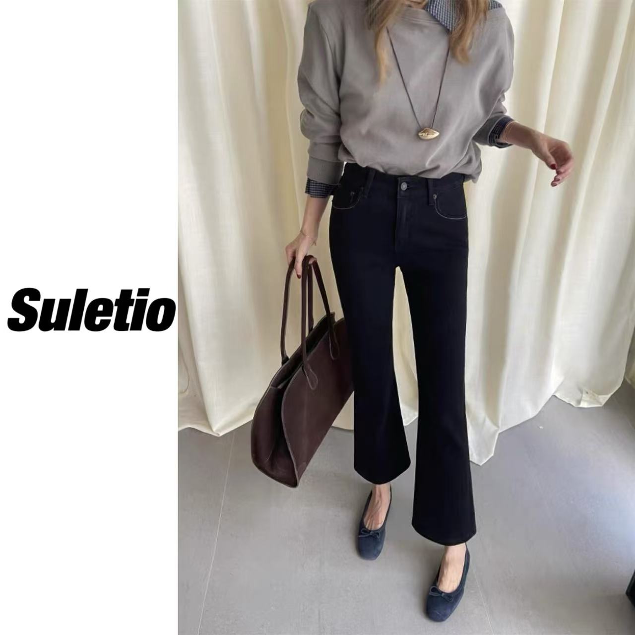 66511#Boyiyiyi 小个子 九分微喇牛仔裤女中高腰四面弹黑色喇叭裤