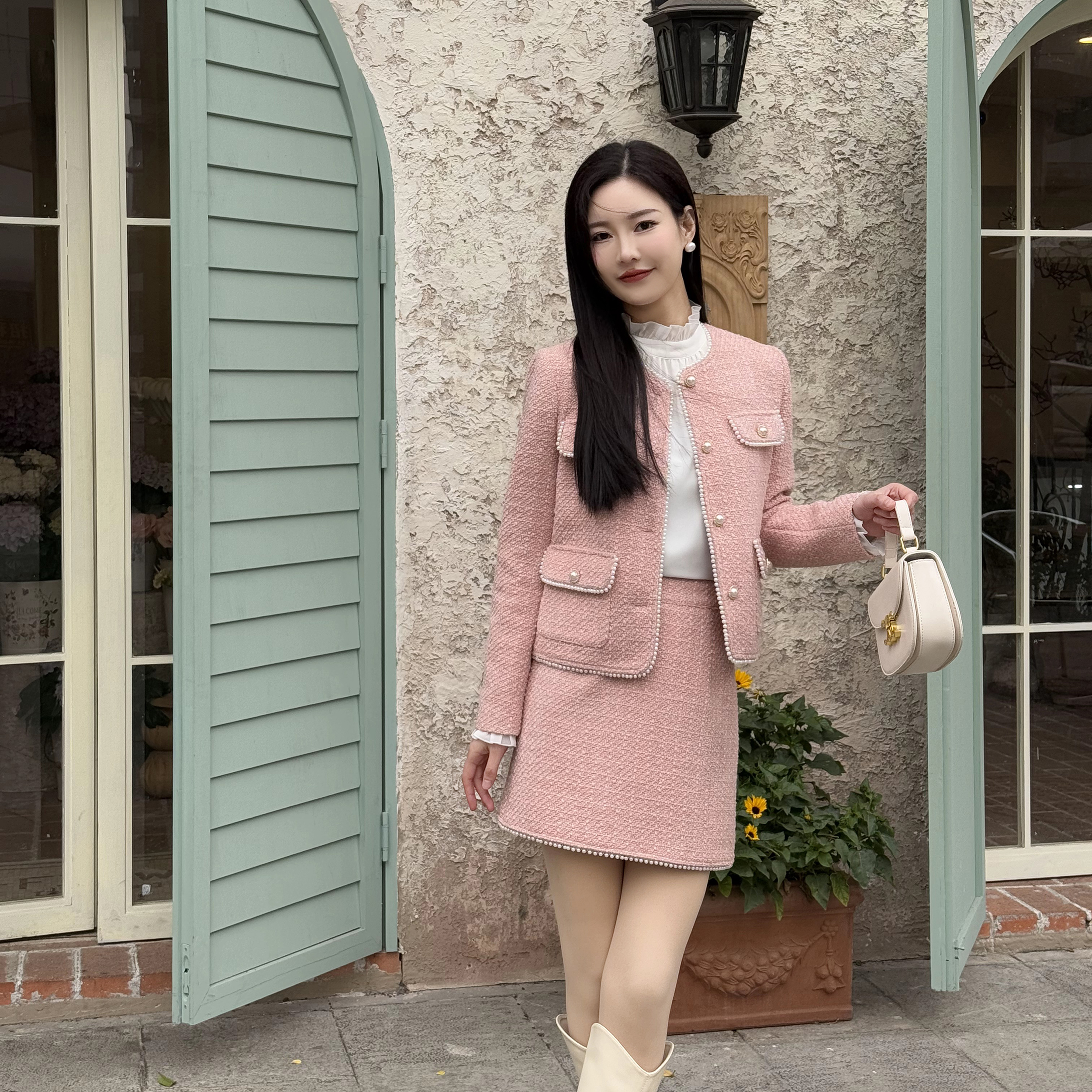 慧慧【梦幻冰露】粉色圆领小香风套装女2025春季新款减龄优雅短外套