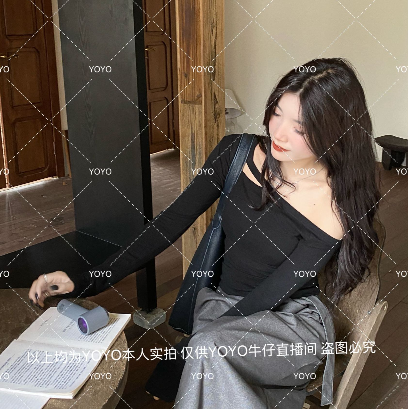 YOYO自制【镂空斜肩】秋款显瘦气质百搭修身露肩长袖上衣