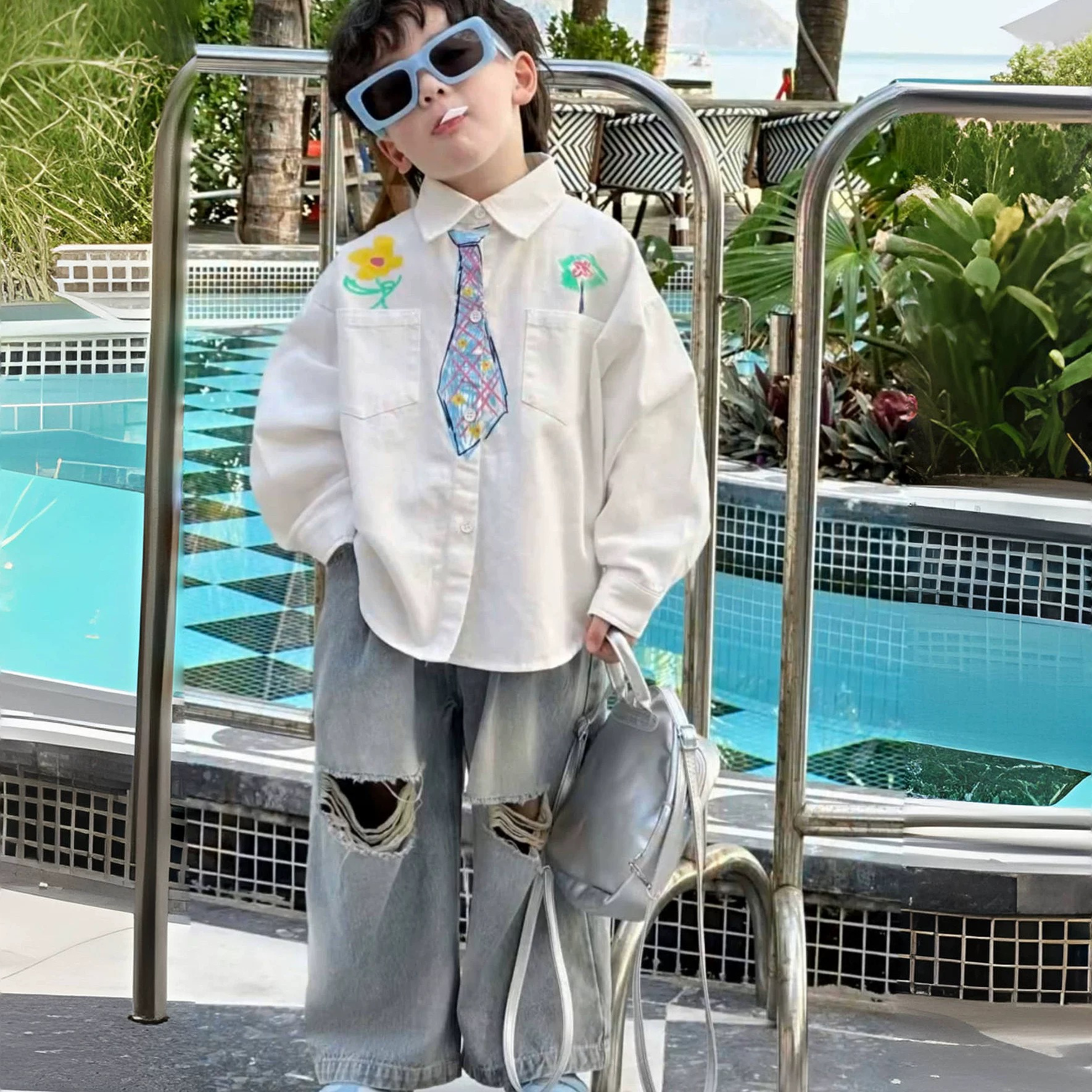 1367 男童春夏大破洞牛仔裤直筒韩系宽松裤子