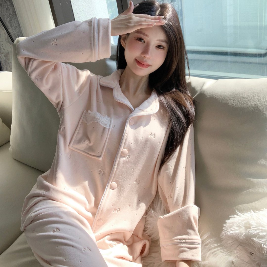 【海岛绒】睡衣女秋冬新款开衫保暖套装加厚加绒甜美家居服可外穿