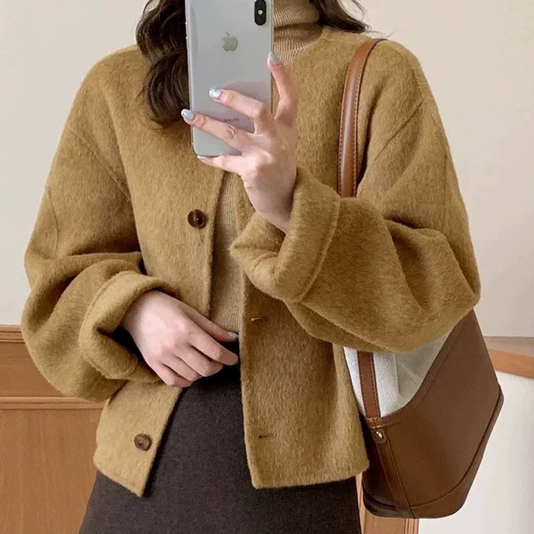 8899#双面羊绒大衣女短款新款韩版宽松单排扣小个子圆领羊毛外套