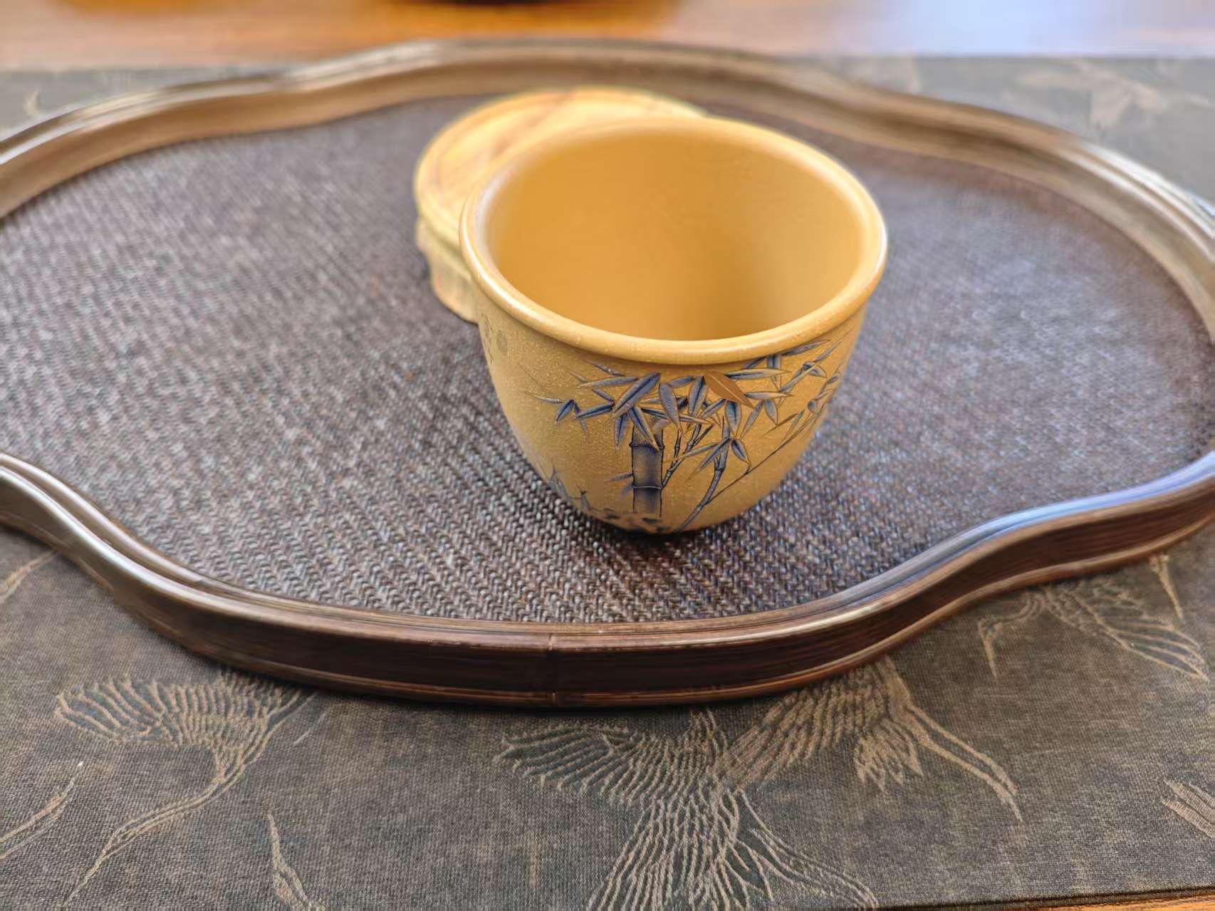 宜兴原矿紫砂 黄金段泥 全手工竹节贴叶杯 140cc