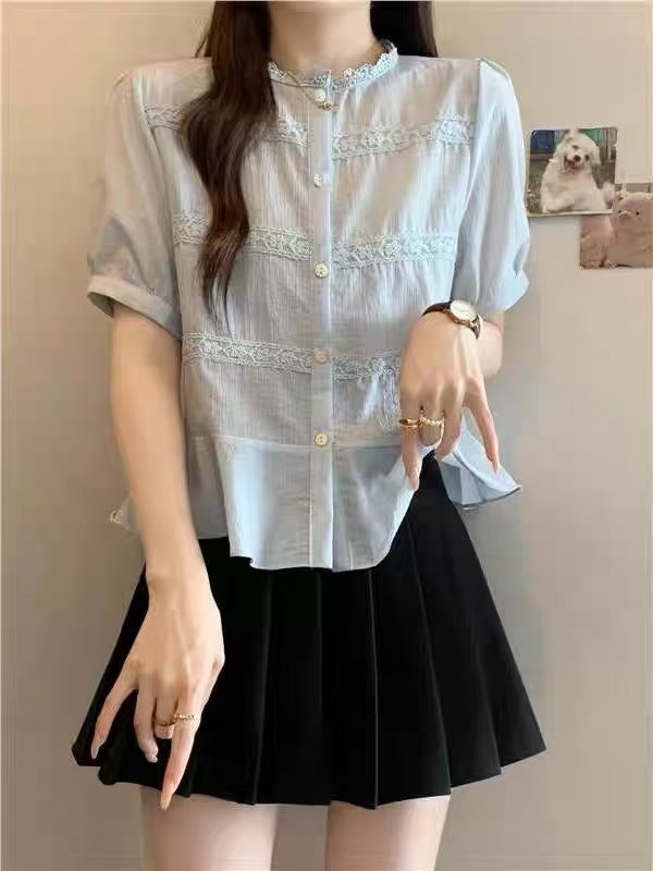 1802#2025夏季时尚百搭花边设计感短袖衬衫