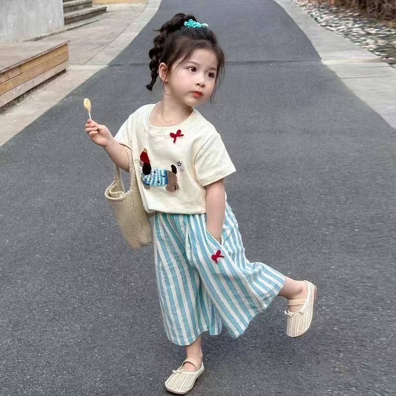 女童夏季套装2025新款T恤卡通腊肠狗儿童条纹阔腿裤女宝套装
