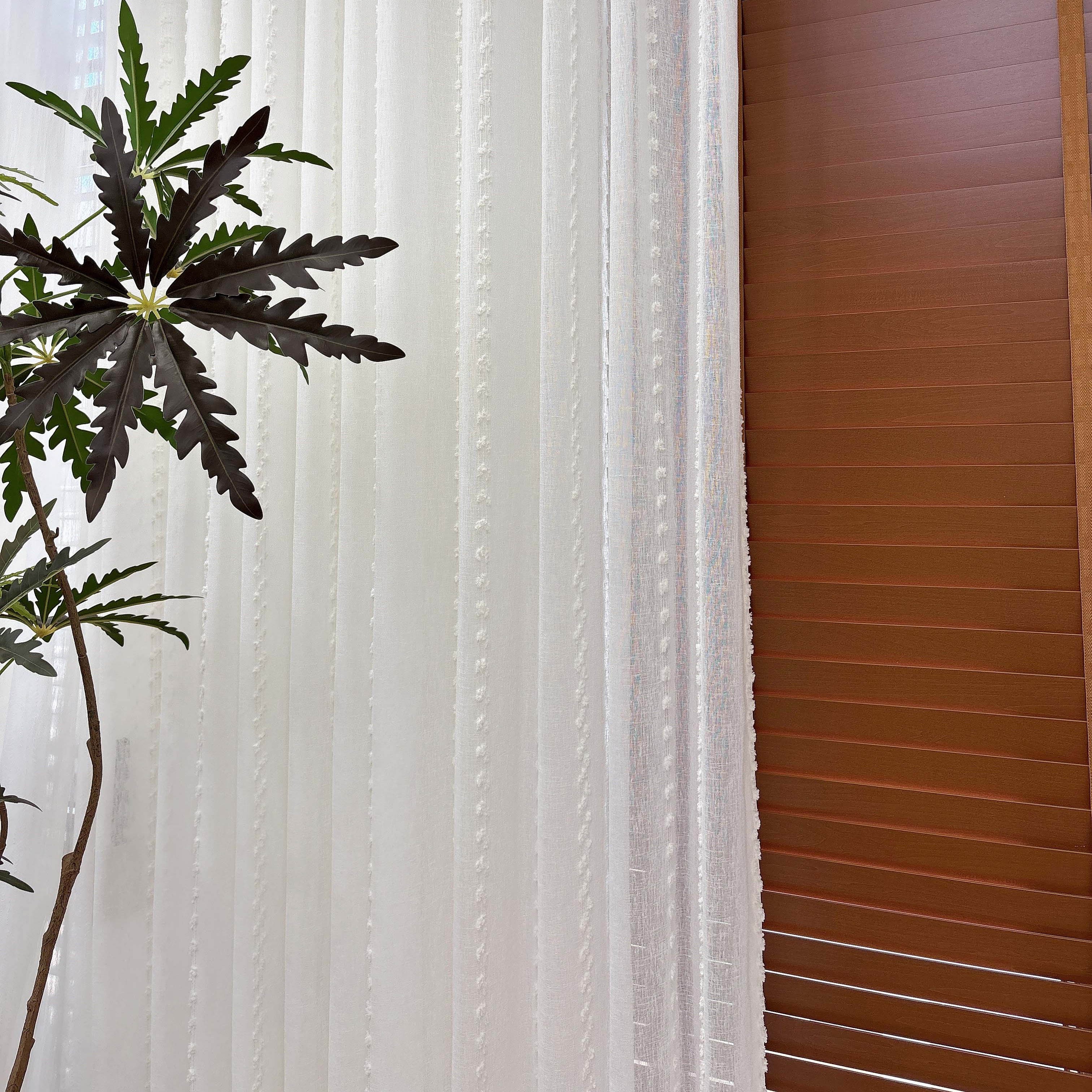 半里 原木中古风半透朦胧感条纹立体花型卧室客厅定制纱帘
