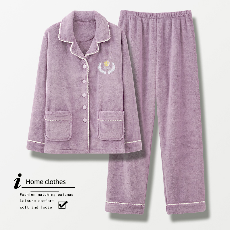 秋冬季新款珊瑚绒睡衣女套装加厚加绒长袖保暖法兰绒家居服套装JX