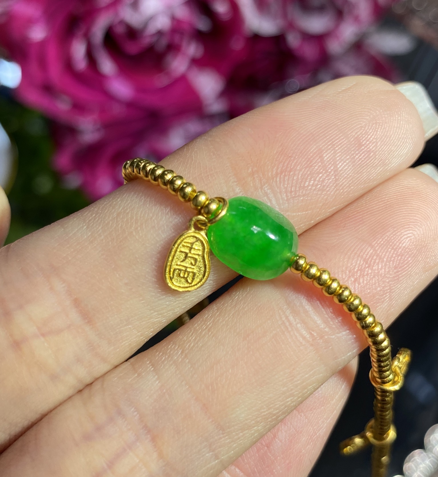 【品翠珠宝】天然缅甸A货翡翠足金镶嵌扁珠手链