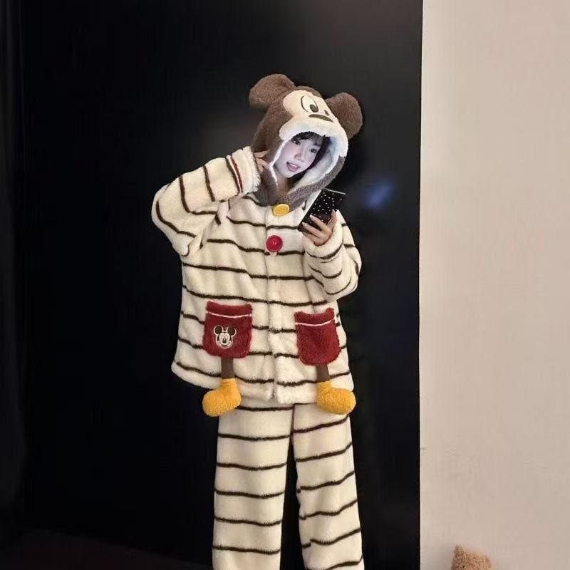 卡通条纹米奇睡衣女珊瑚绒秋冬季连帽加绒加厚保暖甜美家居服套装