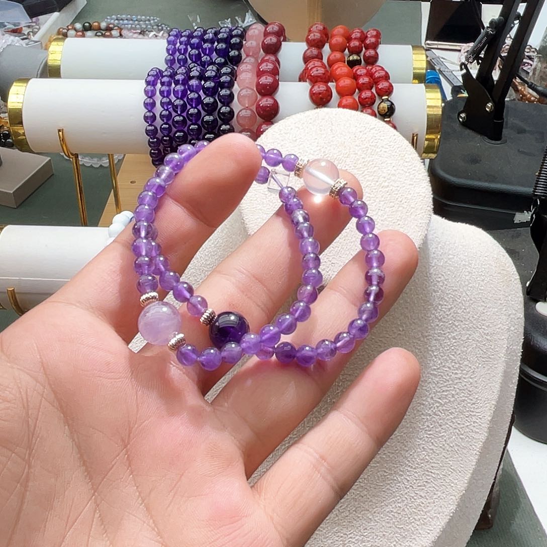 未镶嵌手链烟晶阿*紫水晶双圈